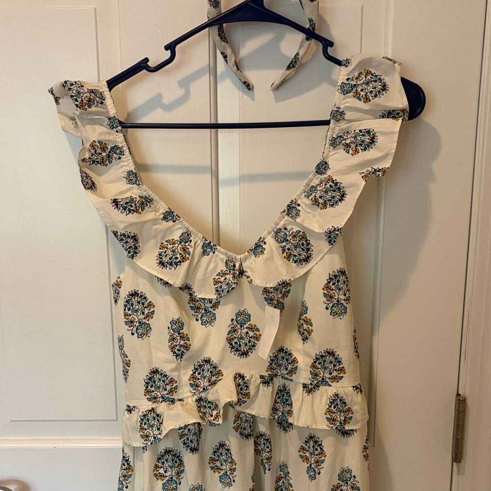 J. Crew Ruffled V-Neck Floral Maxi Dress in Cream and Blue - Picture 3 of 5